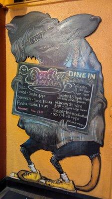 Daily specials on a rat mascot chalkboard