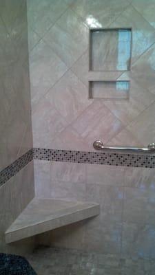 Porcelain Shower Pietra Pearl 12x12 tile
 with Arctic Blend 5/8 Glass
 Quartz lock 2 grout Silver gray