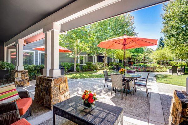 Bright outdoor patio with seating area