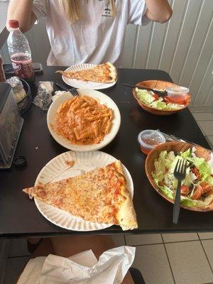 Penne vodka, cheese pizza, side salads