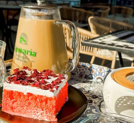 Rose Milk Cake and a Large Kettle of Mufawaar Coffee