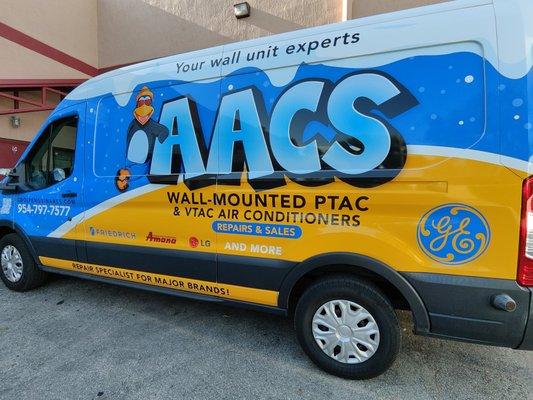 service van branded with logos for PTAC and VTAC air conditioner repairs and sales, featuring major brands like GE, Friedrich, Amana, and LG