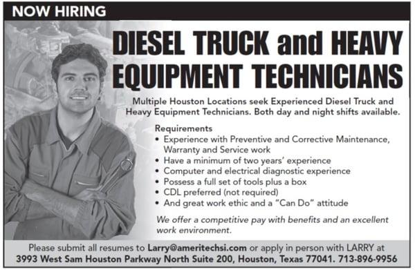 We have numerous positions available for diesel and equipment mechanics!