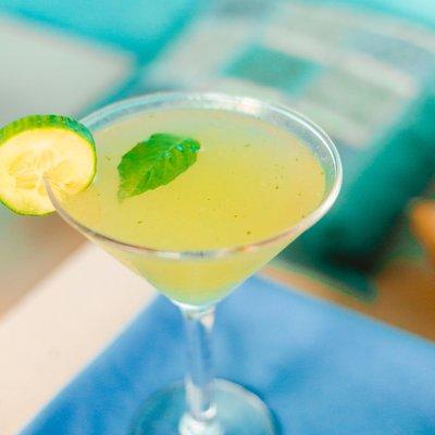 Cucumber Basil Martini. Cucumber vodka, fresh basil, lime, orange liqueur.