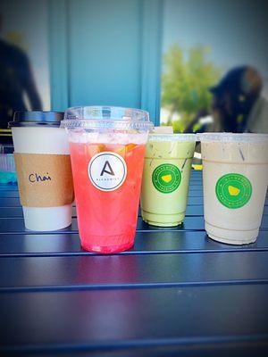 Chai Latte, Strawberry Lime, Matcha Latte, Hojicha Latte