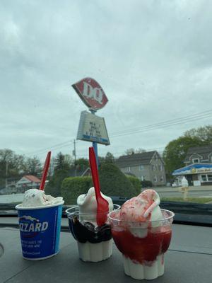 2 for $4 sundaes hot fudge and strawberry and a mini Reese cup blizzard