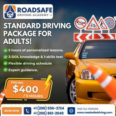 Adult Standard Package - Perfect for brushing up on driving skills and building confidence!

 5 hours of training
 DOL knowledge & skills