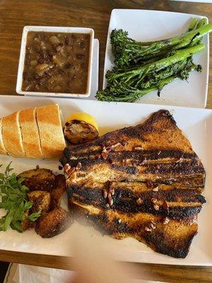 Grilled trout, black beans, broccolini and potatoes