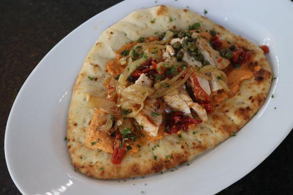 Rob's Italian Chicken Flatbread w/ Romesco and capers.