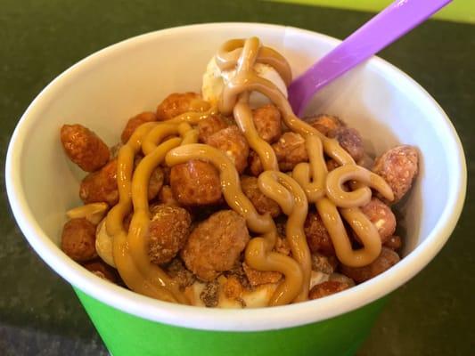 Froyo with Toffee Nuts and Peanut Butter Sauce