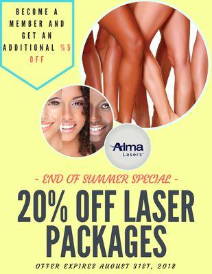 End of summer laser specials include laser hair removal for all skin types, as well as NIR skin tightening. It is perfect for neck and face!