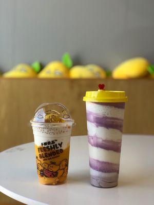 Pomelo & Mango with Sago (left), Fresh Milk Taro Swirl (right)