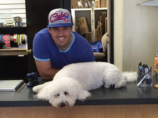 Jeff with The Mail Center's Mascot; Rue.