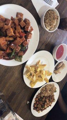 V5. General Tso's Tofu, 11. Kung Pao Chicken Lunch Special, and A7. Crab Rangoons