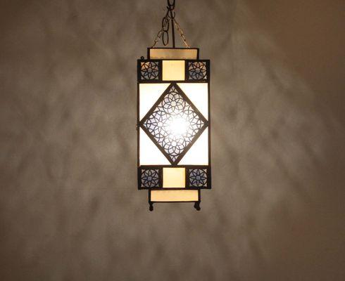 Moroccan Square Shaped Lantern with Blue and White Glass