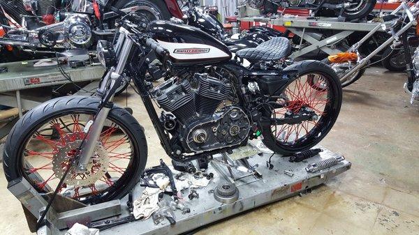 One of the sweet bikes he is working on.