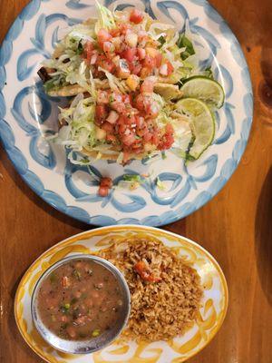 Fish Tacos, rice, beans