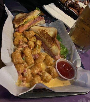 Grilled ham and cheese with queso tots