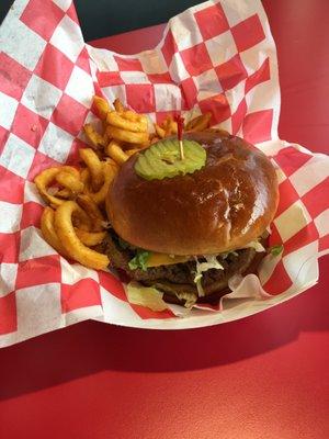 Cheeseburger combo with curly fries and drink $6.99