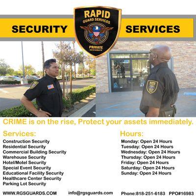 Security Service flyer. Call Now to learn more about the services we provide. (818) 251-6183. Available 24 Hours a day.