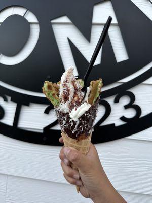 Specialty ice cream: dipped chocolate cone w/ pandan waffles