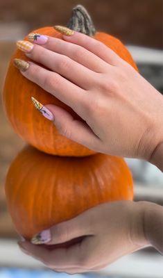 Gingham Pumpkin Nails with Glitter Accents, Hand-Painted by Artist Bee, Happy Halloween!