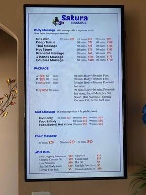 Sakura massage prices.