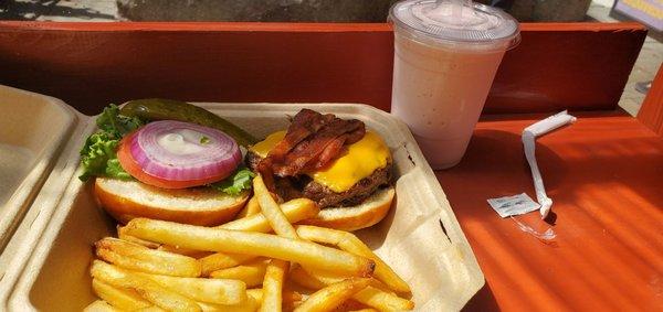 Bacon Cheese Burger with Strawberry Shake