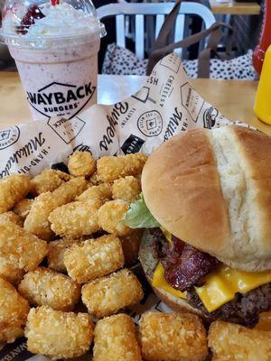 Dbl bacon and tots and red velvet shake