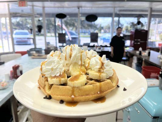 chunky monkey waffle, chocolate chips, banana, and caramel