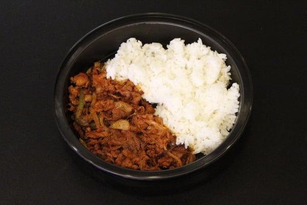 spicy pork, you can choose white rice or brown rice!