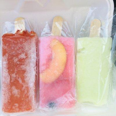 Chili Popsicle, Pink Lemonade w/ Fruit, Cucumber