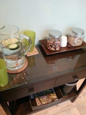 The processing room :] Lemon & lime water, granola, & mags! Perfect!