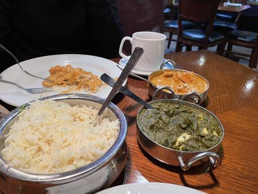 Basmati Rice, spinach paneer, Boneless Chicken Cashew Masala