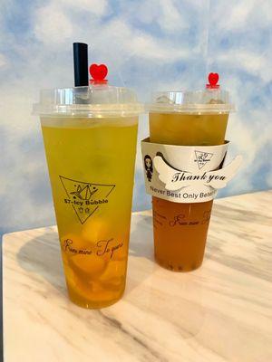 Mango Icy Bubble and Passion Guava Fruit Tea with wings (notice the LARGE chunks of mango to be consumed with this straw)