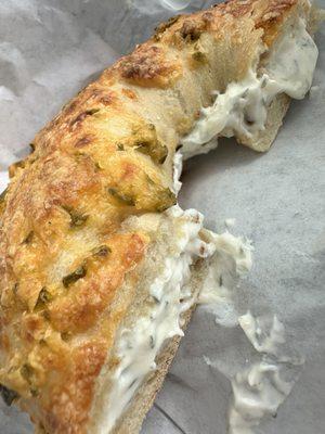 So good! Jalapeño cheese bagel toasted with garlic herb cream cheese