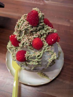 Double scoop pistachio, matcha coconut syrup, raspberry chunks, and sesame seeds.  Does anyone have a perfect name for this beauty?