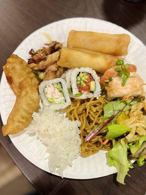 Potstickers(6pcs), Veggie Spring Roll(2pcs), California Roll, Spicy Tuna Roll, Side Teriyaki Chicken, Vegetable Fried Noodles, Side Salad