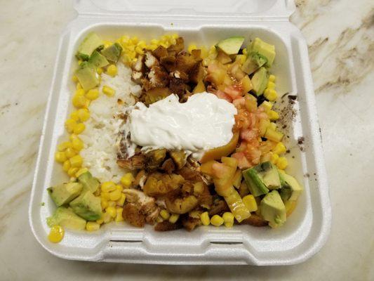 Custom Chop - rice, chicken, corn, tomatoes, avocado, and sour cream