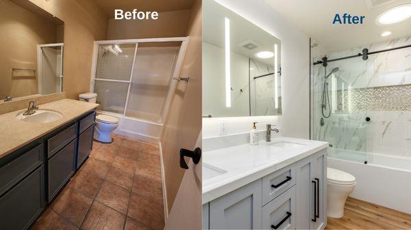 Beautiful transition of a hall bathroom in Scripps Ranch.