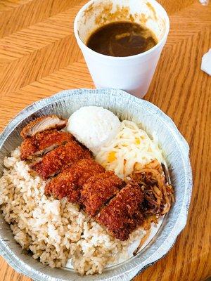 Chicken katsu curry with small brown rice, cheese, potato salad, crispy onions