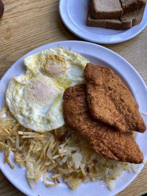 Catfish breakfast. Fish batter was too heavy for me.