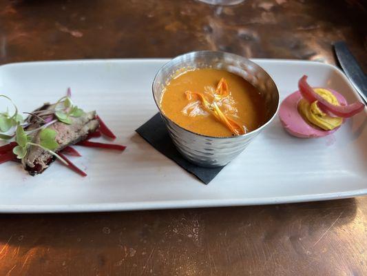 "Small Dish" - 3 meze: Smoked Duck, Curcurbit Gazpacho w/Crab (fantastic!), Picked Deviled Egg $15