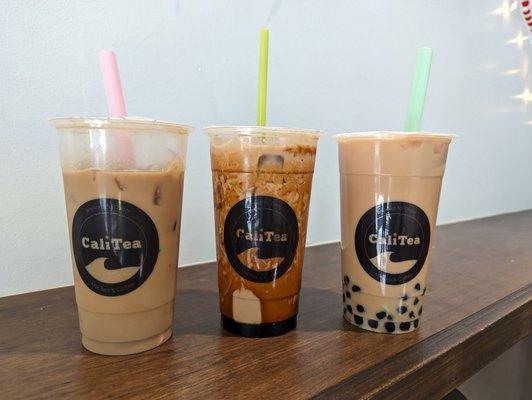 Iced latte (soy milk), brown sugar milk tea, coffee tea w/ boba