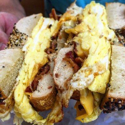 Bacon, egg & cheese on an everything bagel; which by the way are extremely crispy on the outside with a great amount of flavor.