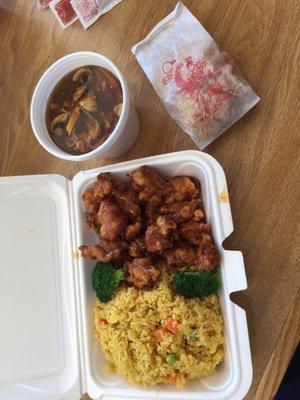 Lunch for $5.40 with student discount! - general tso's chicken with fried rice and hot and sour soup