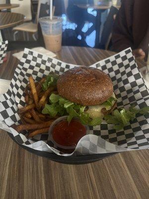 The Vegan Burger, Hand Cut French Fries, Iced mocha