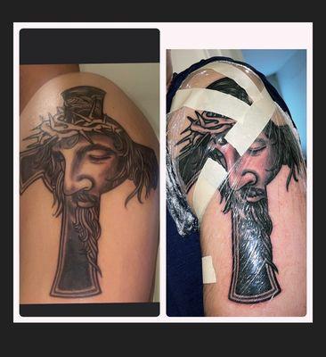 Before and After Touch Up the owner Josh did a beautiful Jesus piece on my shoulder exactly how I wanted it recommend coming here