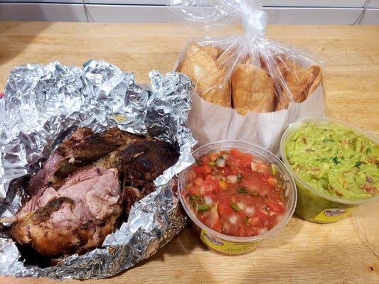 Cooked Carnitas, Pico de Gallo, Guac, fried Taco Shells