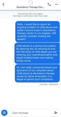 Trying to report child abuse by one of their therapist telma armendariz but they ignore me